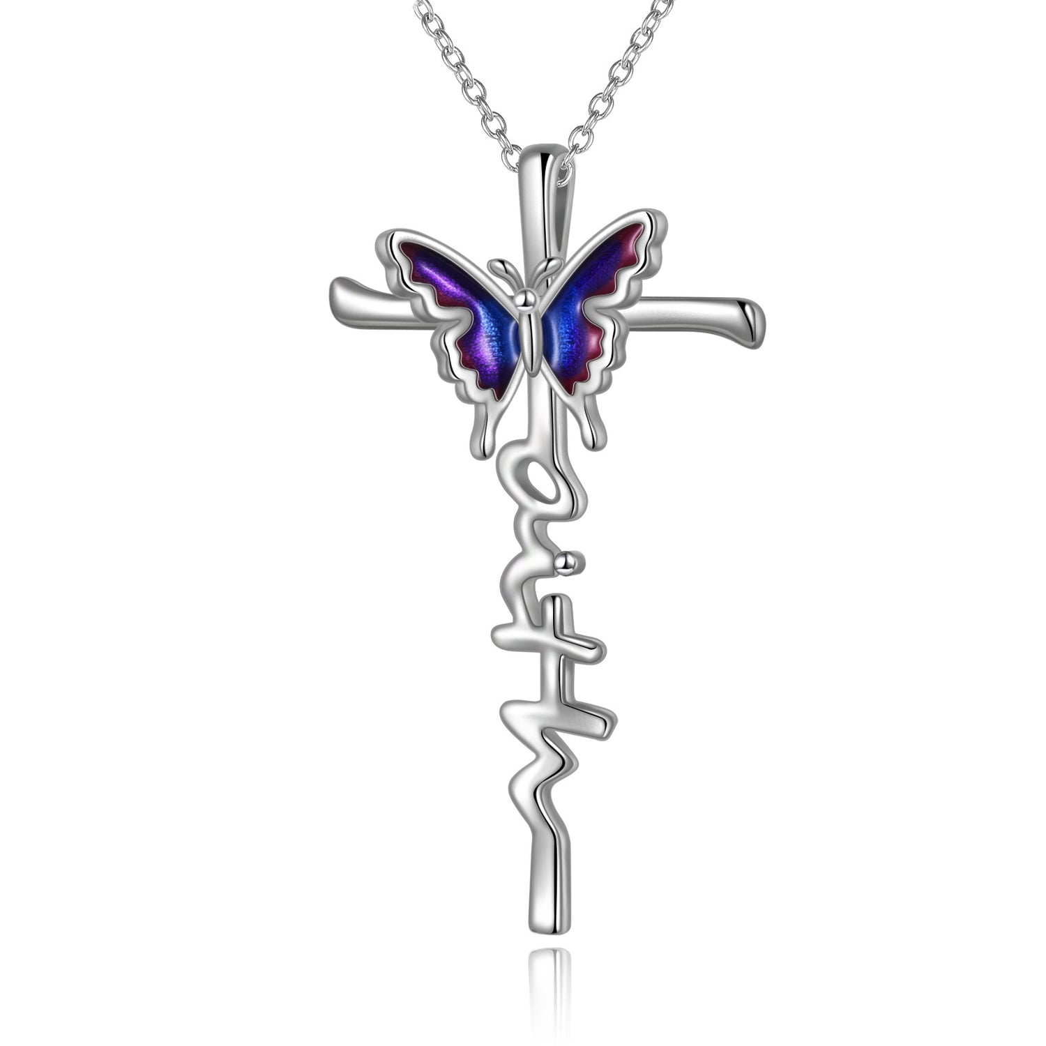 Sterling Silver Butterfly Faith Cross Necklace